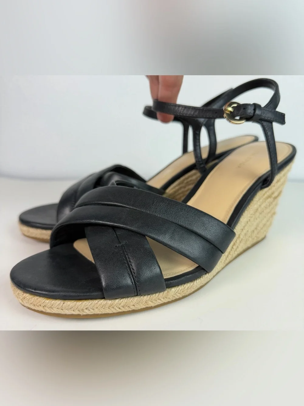 Via Spiga Inna 8 Black Leather Open Toe Woven Espadrille Platform Wedge Sandals